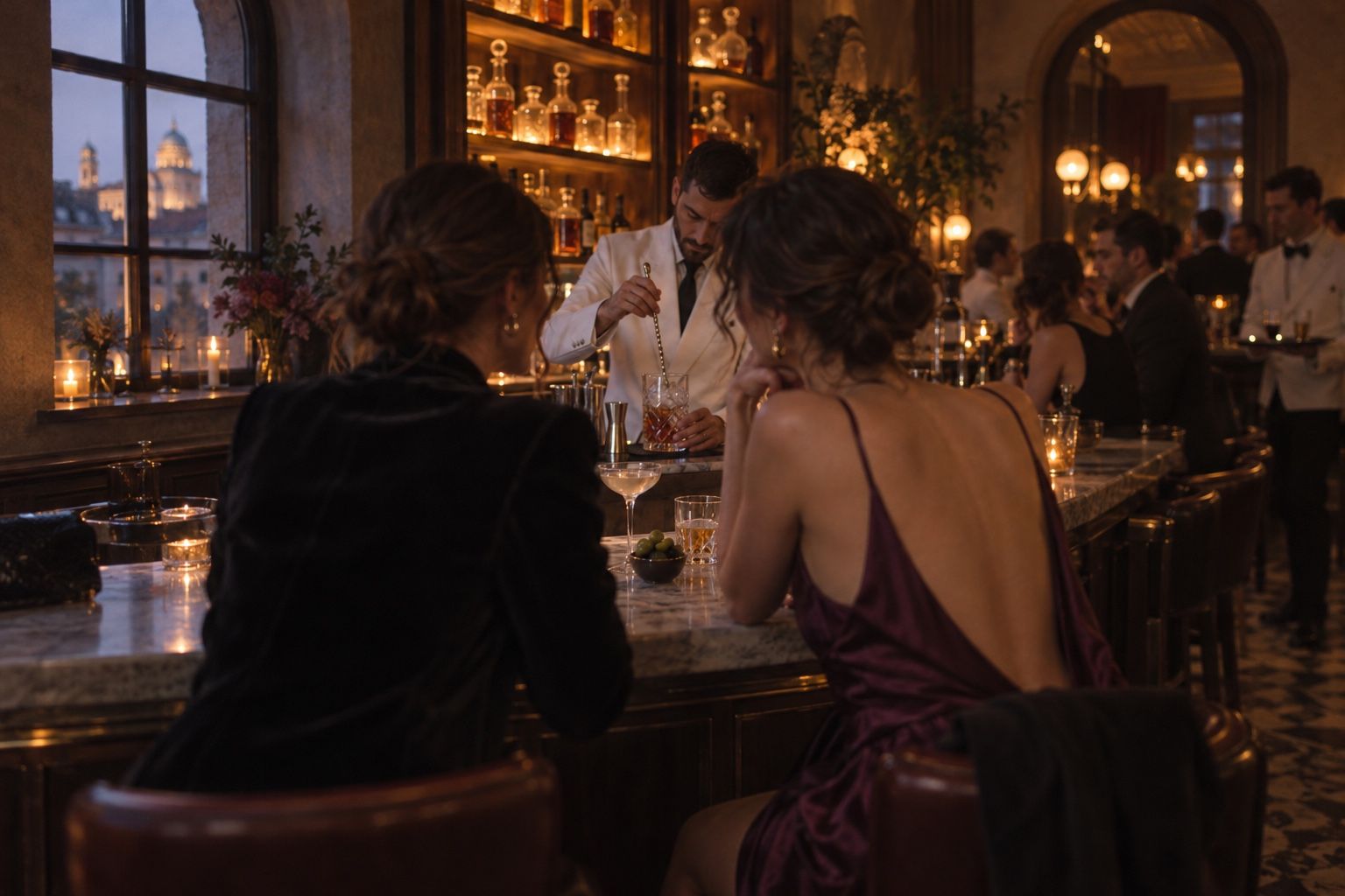 Guests at the bar as a bartender mixes a drink, with Sofia’s domes through the window