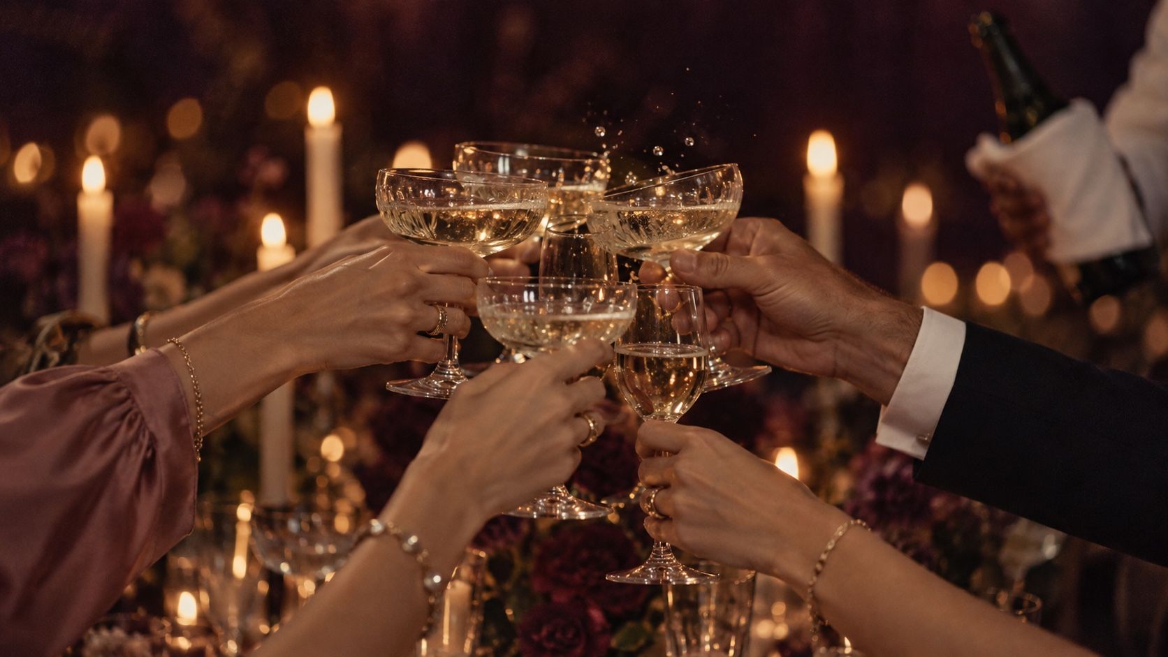 Glasses of champagne meeting in a toast by candlelight
