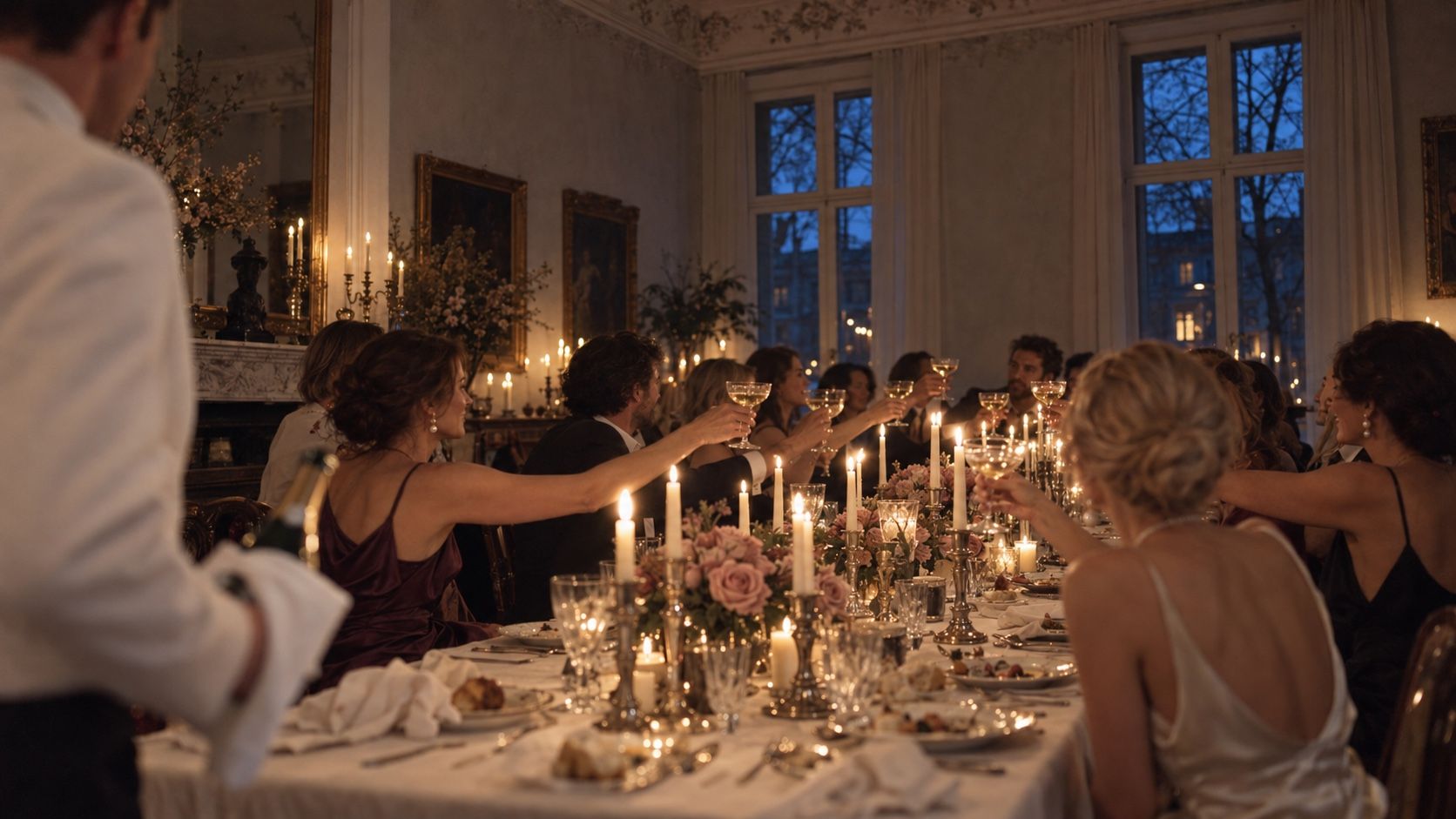 Guests raising their glasses at a long candlelit table while a waiter stands by