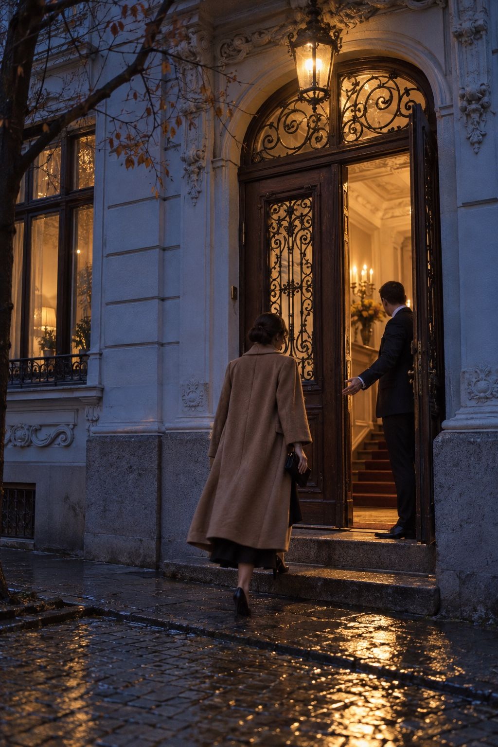 A host holding the door of an old Sofia building for an arriving guest at dusk