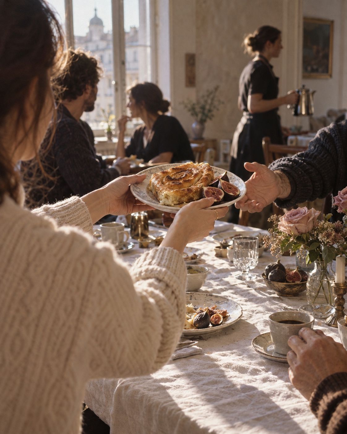 Guests passing banitsa and figs across a sunlit breakfast table