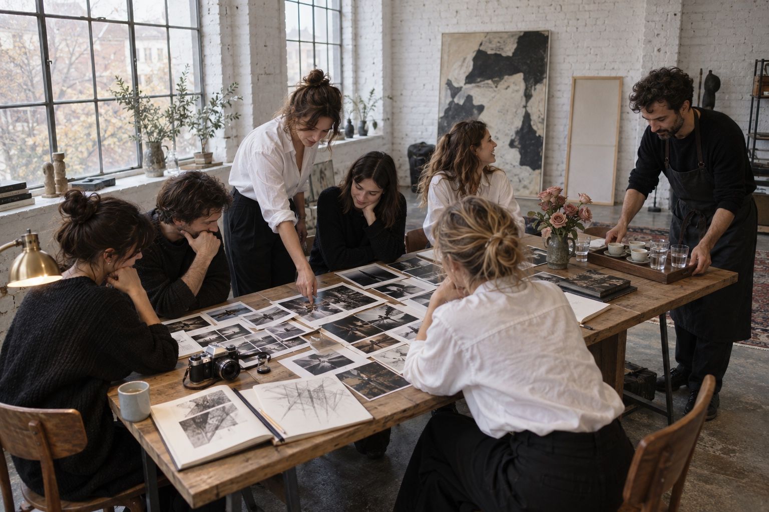 Guests around a workshop table of photographic prints while a host serves drinks