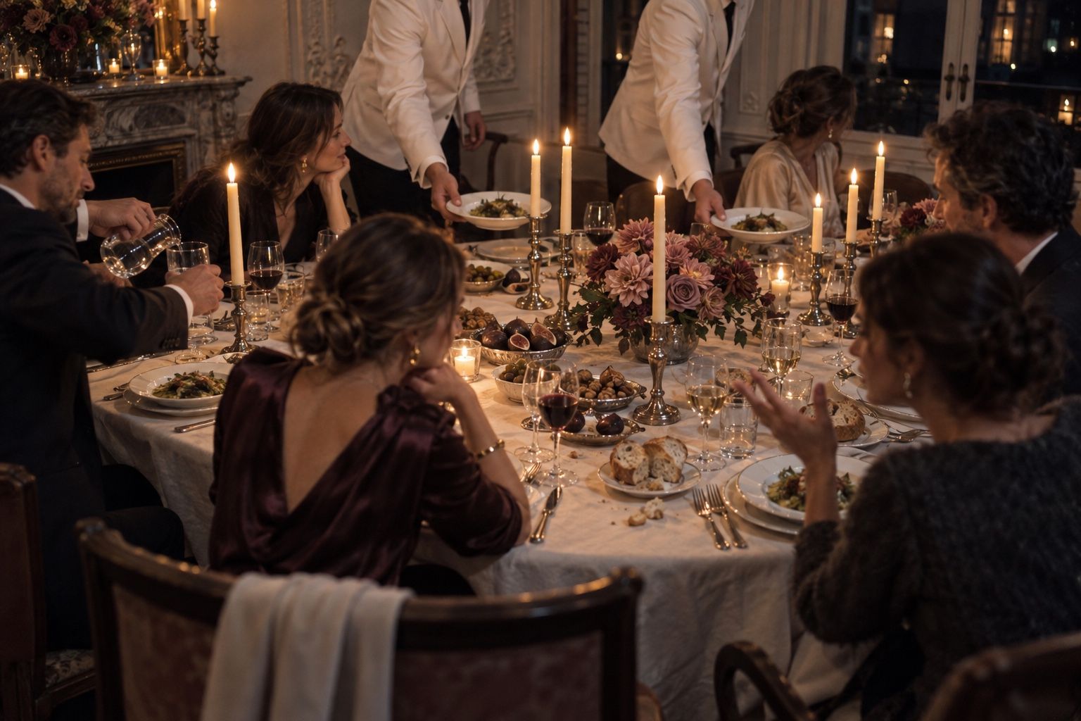 Waiters setting down plates at a long candlelit supper table